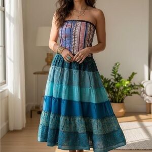 Bohemian Strapless Maxi Dress in Blue and Teal